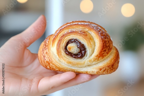 Delicious chocolate croissant in hand showing flaky pastry and rich filling a...