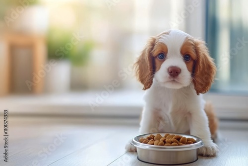 Adorable puppy sits beside a bowl of food on a wooden floor in a cozy setting