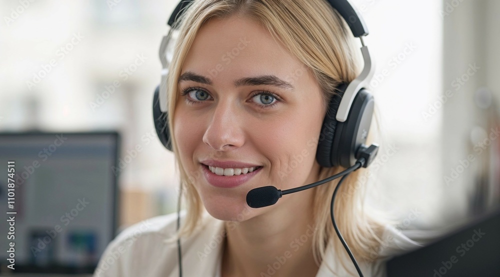 Close-up of a young female tutor with blonde hair wearing headphones and smiling Close-up of a young female tutor with blonde hair wearing headphones and smiling