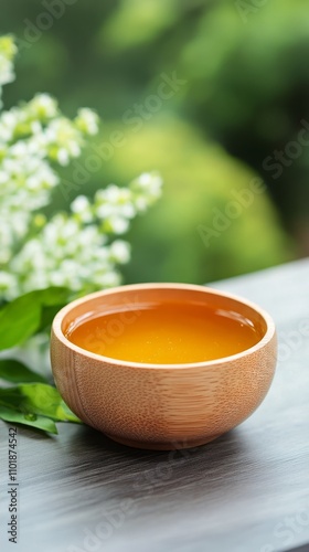 Beautiful wooden bowl with honey and dipper on marble surface in natural light