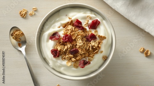 Delicious yogurt bowl topped with granola and cranberries served in a white dish