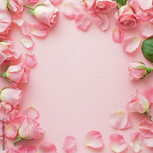 Pink rose petals arranged on pink background for creative design layout