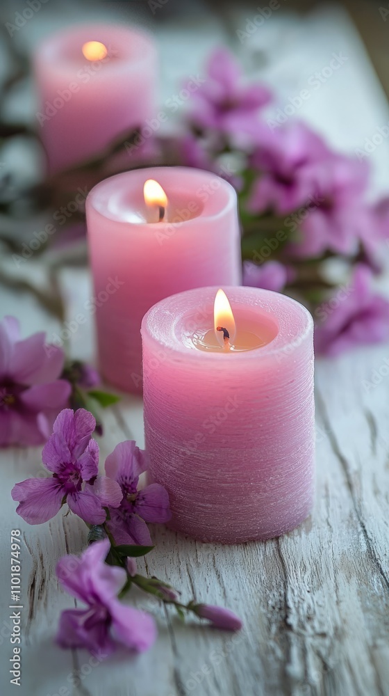 Soft glow of pink candles surrounded by cherry blossoms in tranquil setting during evening Soft glow of pink candles surrounded by cherry blossoms in tranquil setting during evening
