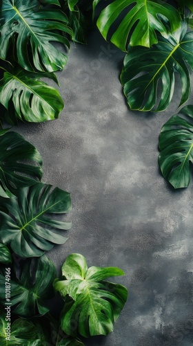 Lush green monstera leaves contrasting with textured gray background for deco...