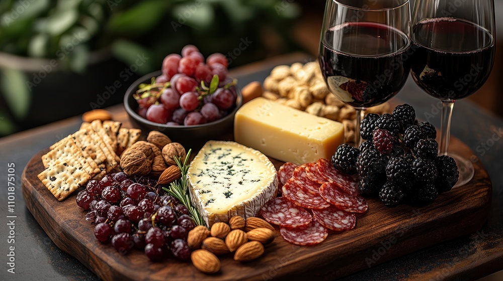 A wooden board with two glasses of red wine and a variety of cheese, crackers, grapes, nuts, and salami. A wooden board with two glasses of red wine and a variety of cheese, crackers, grapes, nuts, and salami.