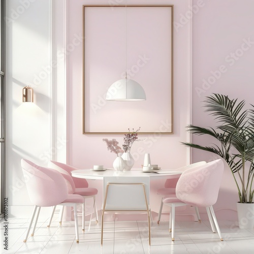 Minimalist dining room interior with pink chairs. white round table. and a large framed abstract painting