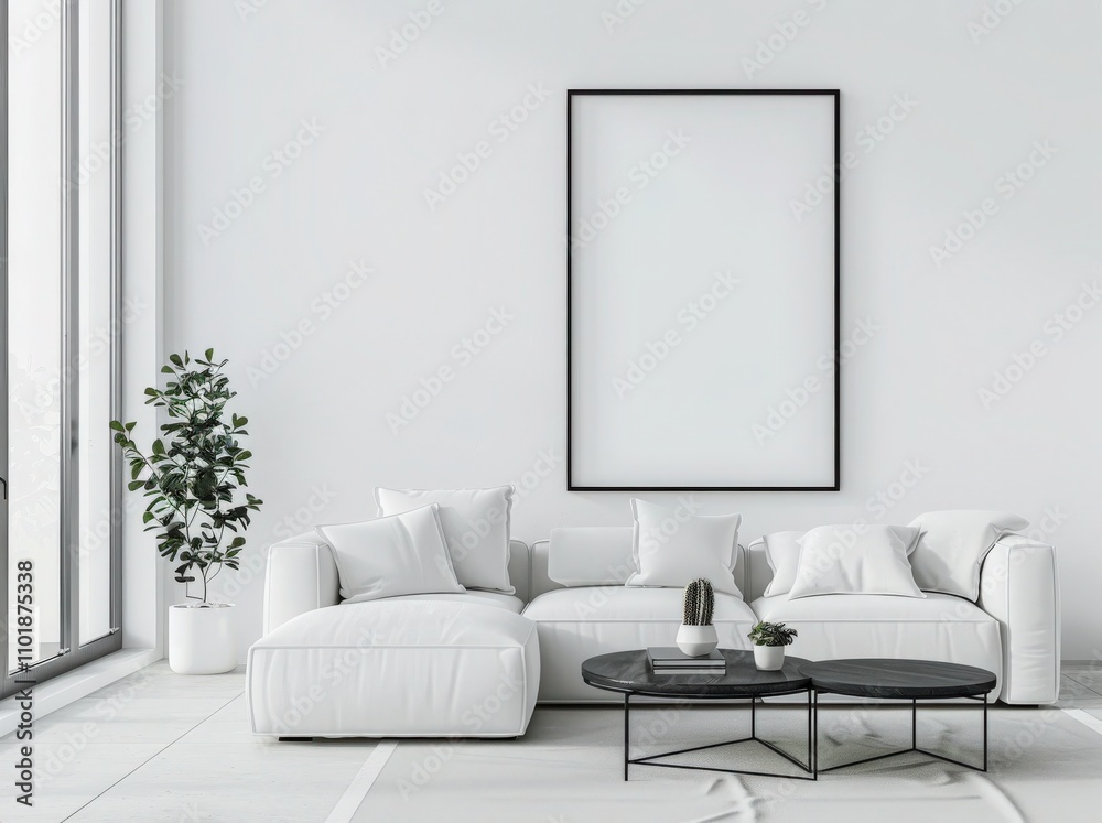 Fototapeta premium Minimalist living room interior with a white sofa. coffee table. and a large empty frame on the wall The room is decorated with a few decorative plants