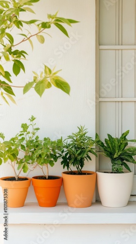 Colorful flowers adorn a window sill in a peaceful urban setting during the d...