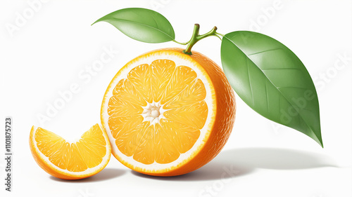 Orange fruit and green leaf isolated on white background