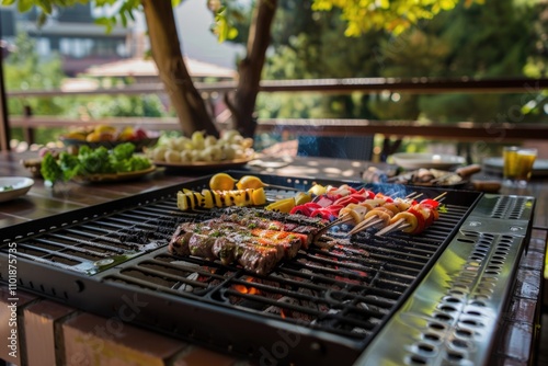 Delicious grilled steak and vegetable skewers sizzling on a charcoal grill, outdoors.