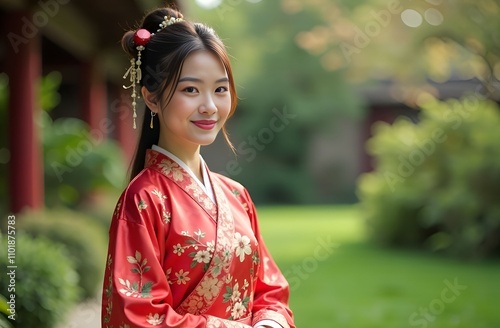 Asian woman in kimono in garden.