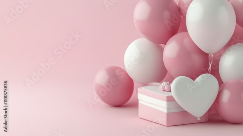 Soft pink decorations with balloons and gift boxes for a celebration or event