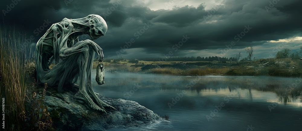 Sad creature by lake under stormy sky. Sad creature by lake under stormy sky.