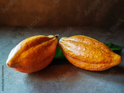 Ripe cacao and yellow cocoa pods photo