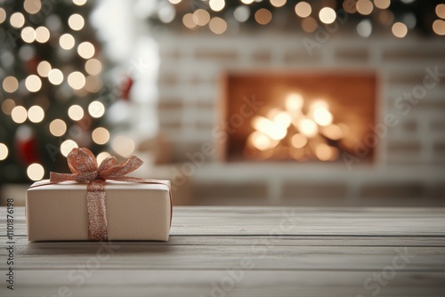 Holiday gift on a wooden table with a fireplace and blurred lights in the bac...
