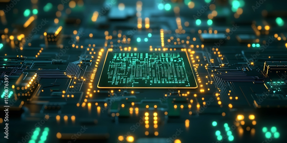 Obraz premium Close-up of a glowing computer chip on a circuit board.