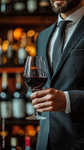 Elegant gentleman in formal attire holding a glass of red wine with soft ligh...