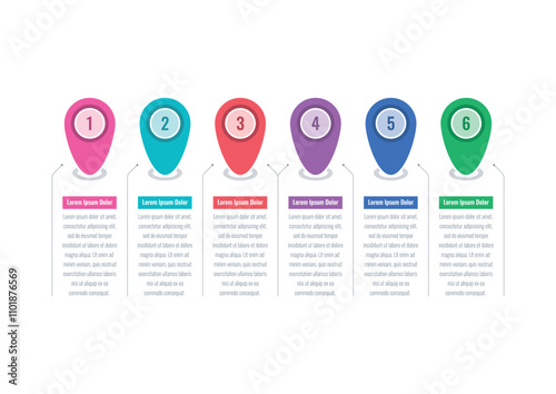 infographic template for magazine, annual report. infographic template for business, education, science world. colorful location symbols infographic template. six steps information template.