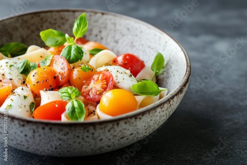 Delicious pasta salad with fresh mozzarella, cherry tomatoes, and basil
