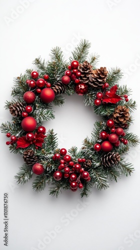 Festive red and green wreath with pinecones and ornaments for holiday decor