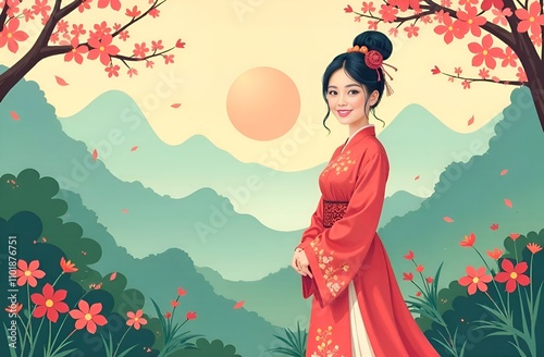 Asian woman in kimono in garden. Oriental card.