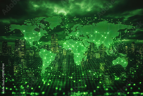 Digital world map with green tones over city skyline, symbolizing renewable energy and technology