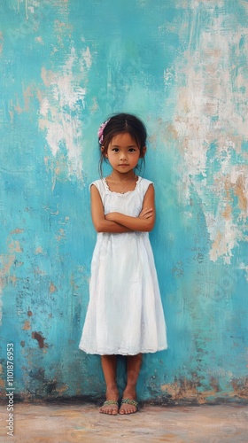 Young girl in a white dress standing against a blue wall with a serene expres...
