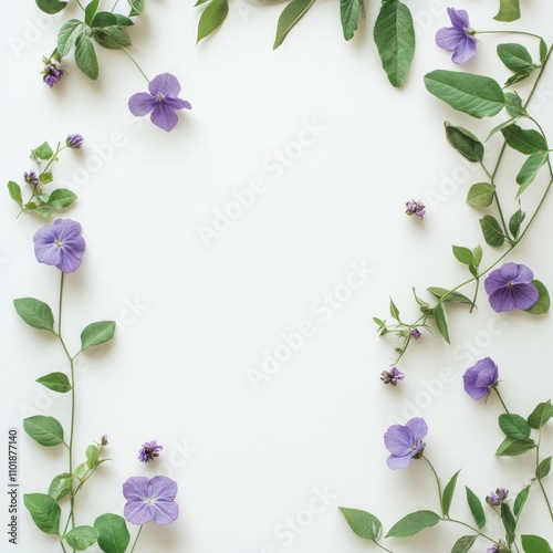Leafy arrangement with purple flowers creating a natural frame on a white bac...