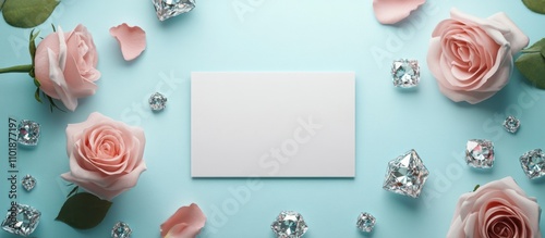 Elegant arrangement of pink roses and gemstones on a soft blue background for...