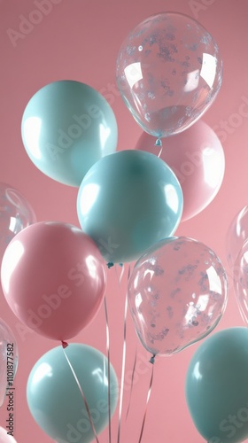 Colorful balloons float against a pink background for celebration and decorat...