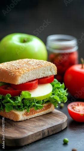 Fresh burger with apples and greens on a wooden surface in a natural setting