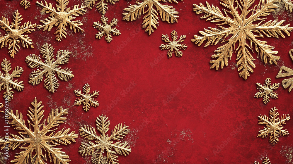 Luxurious Christmas design featuring embossed golden snowflakes on rich red background, creating festive and elegant atmosphere for holiday season Luxurious Christmas design featuring embossed golden snowflakes on rich red background, creating festive and elegant atmosphere for holiday season