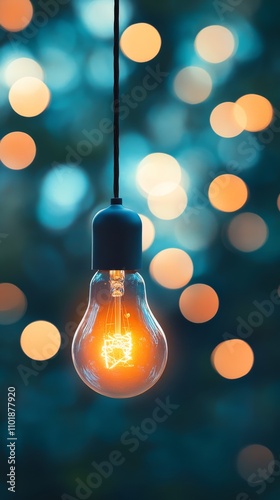 Bright light bulb hangs against a backdrop of soft bokeh lights during evenin...