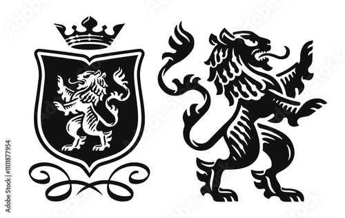 Roaring heraldic lion standing on paws. Royal coat of arms shield with animal