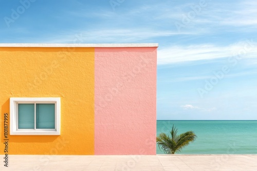 Brightly colored wall with window in pastel shades located in a sunny setting