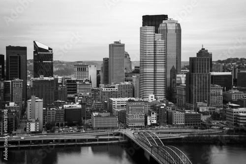 Pittsburgh City Skyline over the Monongahela River in Pennsylvania, USA: A retro-style black and white photo photo