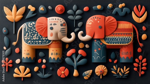 Colorful abstract illustration of two elephants surrounded by decorative leaves and flowers in a geometric, patterned style against a dark background. photo