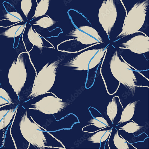vector blue Flowers pattern design in vector illustration, seamless vector cream flowers with leaf pattern on blue background.
