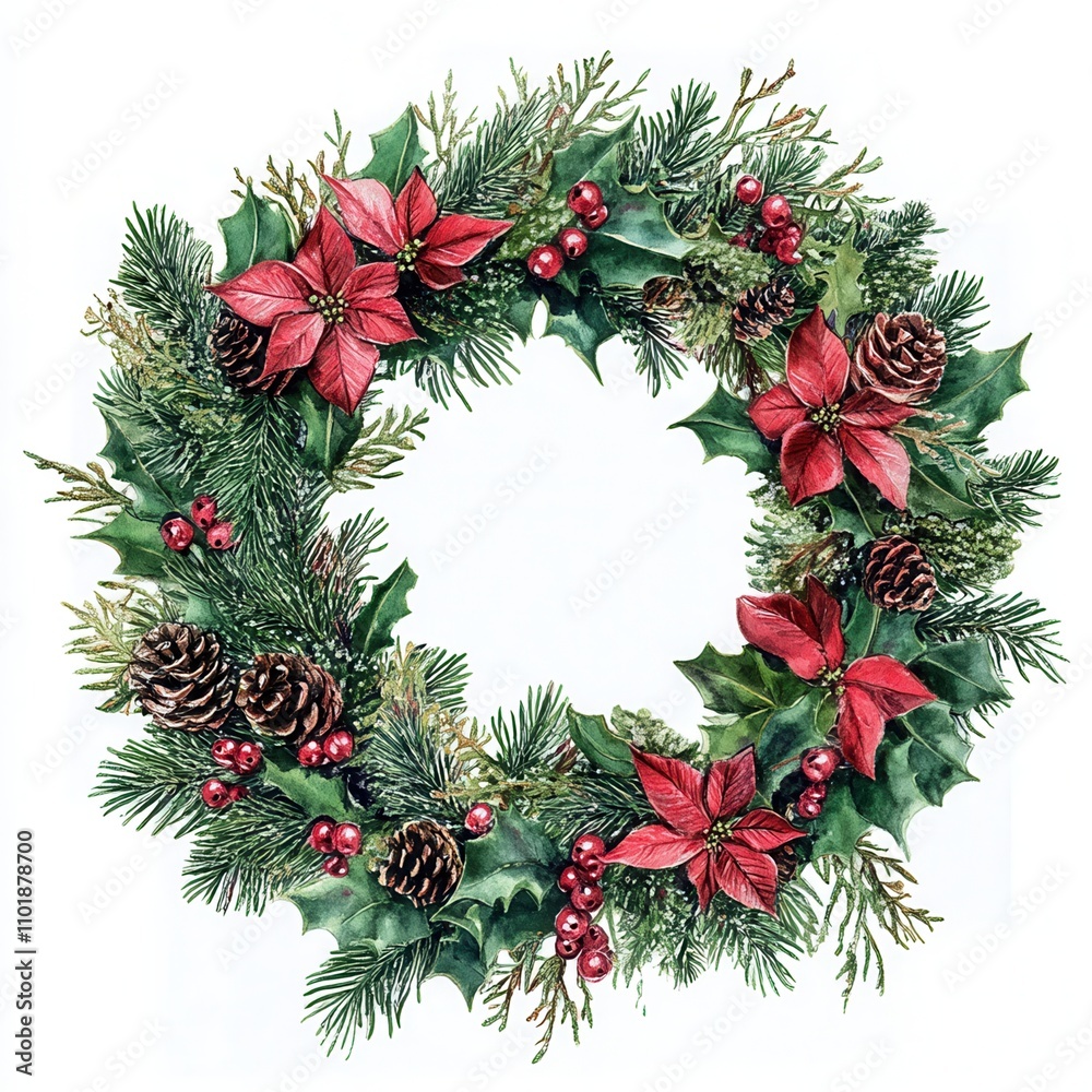 Festive Christmas wreath with pinecones and red poinsettias.