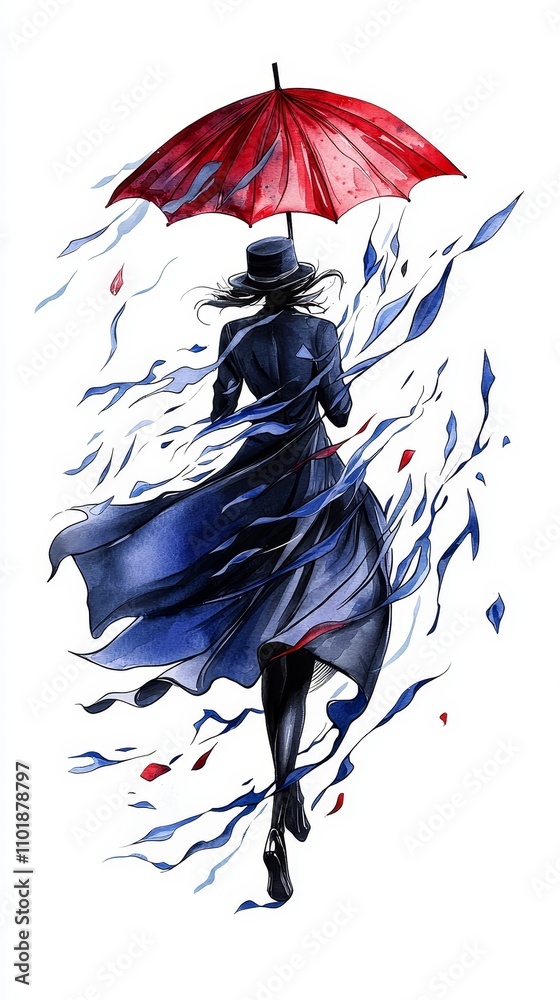 Obraz premium A figure in a dark coat and hat walks with a red umbrella, surrounded by swirling ribbons, evoking a sense of mystery and movement.
