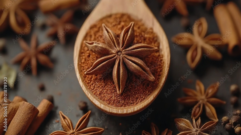 Here's a and keyword list for your stock photo.. Aromatic star anise and cinnamon powder in wooden spoon. Here's a and keyword list for your stock photo.. Aromatic star anise and cinnamon powder in wooden spoon.
