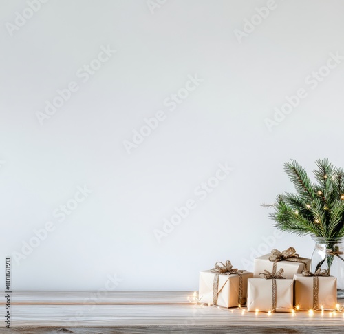 Cozy winter setting with a simple holiday decoration and warm lighting in a c...