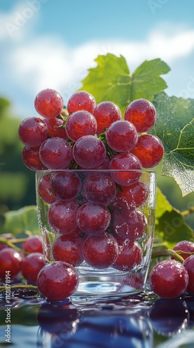 Fresh red grapes in a glass surrounded by green leaves in bright sunlight
