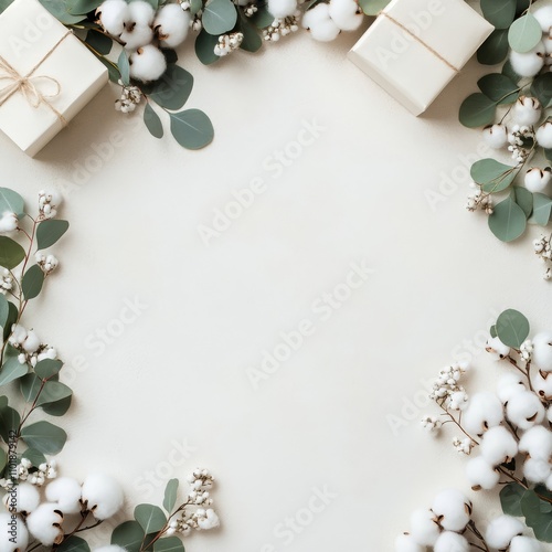 Fresh greenery and cotton decorations frame a minimalistic gift arrangement o...