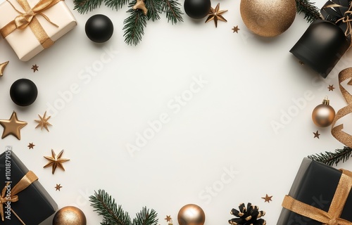 Festive arrangement of black and gold ornaments, gifts, and stars for a celeb...