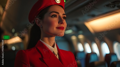 Flight Attendant in Red Uniform Inside Airplane Cabin