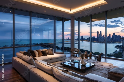 Luxury living room with stunning city and lake views at sunset, modern decor.