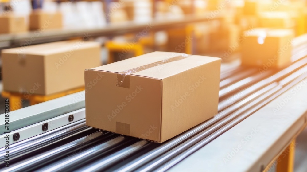 cardboard parcel on distribution line in warehouse distribution center. cardboard parcel on distribution line in warehouse distribution center.