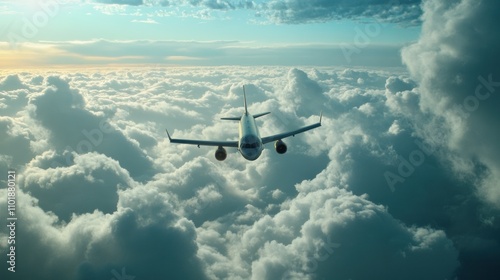 Airplane Soaring Above Fluffy White Clouds In Sky