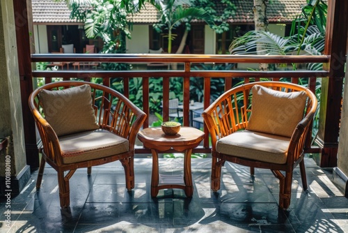 Two rattan chairs with cushions on a balcony overlooking a lush tropical garden.